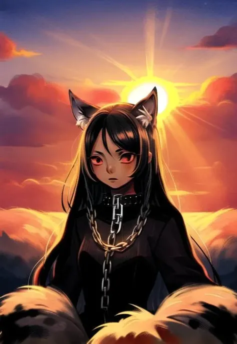 masterpiece, best quality, 1girl, black long hair, chains, red eyes, wolf ears, black mantle, fluffy collar, sunset, feef,  <lora:feef:0.7>