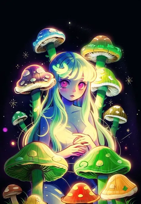masterpiece, best quality, 1 woman, many eyes, glowing mushrooms stick out of her hair, space background, feef,  <lora:feef:0.7>