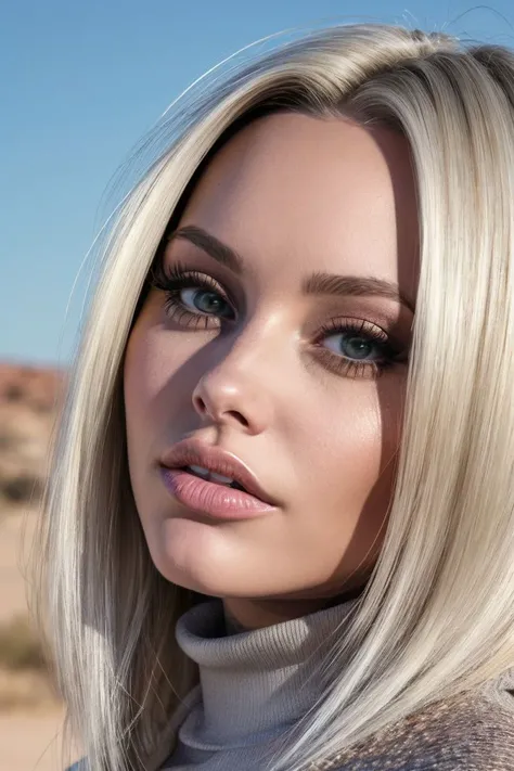 portrait of S246_KellyPearl,a gorgeous woman,in a (desert:1.1),wearing a (turtleneck:1.1),(4k, RAW photo, best quality, depth of field, ultra high res:1.1),(absurdres, intricate, photorealistic, masterpiece, ultra-detailed:1.2),