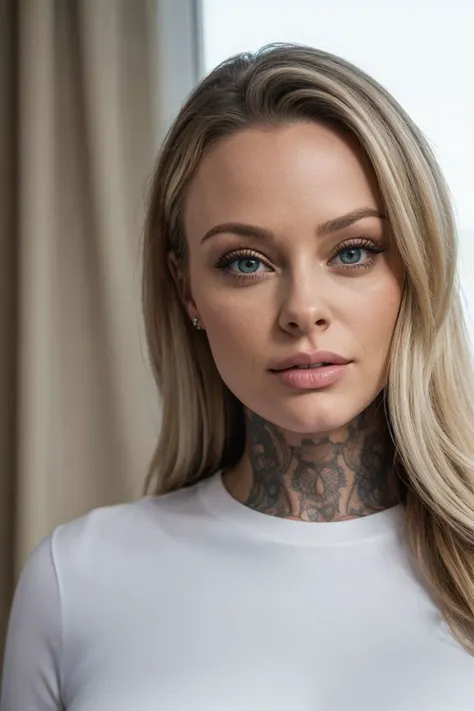 headshot of S246_KellyPearl,a gorgeous woman,in a (hotel:1.1),wearing a (shirt:1.1),(4k, RAW photo, best quality, depth of field, ultra high res:1.1),(absurdres, intricate, photorealistic, masterpiece, ultra-detailed:1.2),