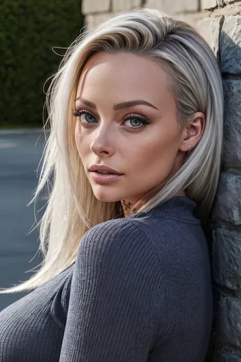 closeup headshot of S246_KellyPearl,an attractive woman,in front of a (keystone-wall:1.1),wearing a (crewneck:1.1),(4k, RAW photo, best quality, depth of field, ultra high res:1.1),(absurdres, intricate, photorealistic, masterpiece, ultra-detailed:1.2),