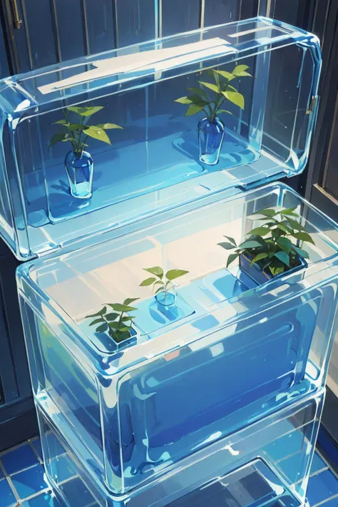 <lora:metalslime2:0.9> (blue clear box,box of blue clear:1.4), plant in box