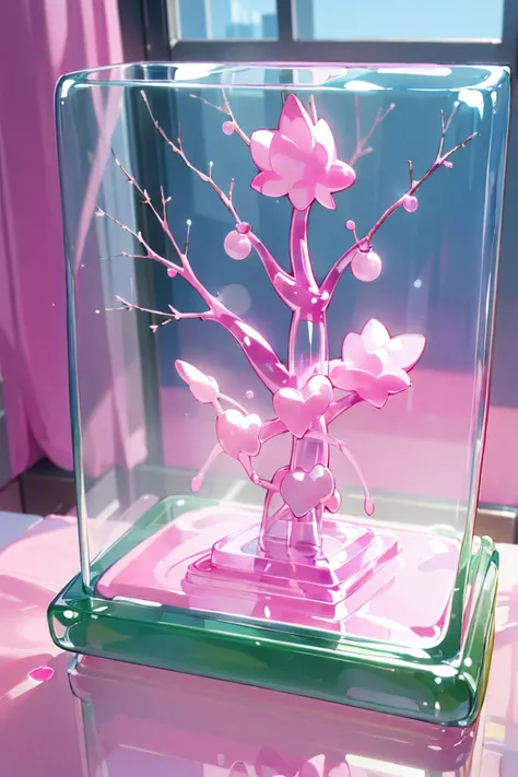 <lora:metalslime2:0.9> (pink clear mini tree, mini tree of pink clear:1.4), clear tree in clear box on desk,room,windows,