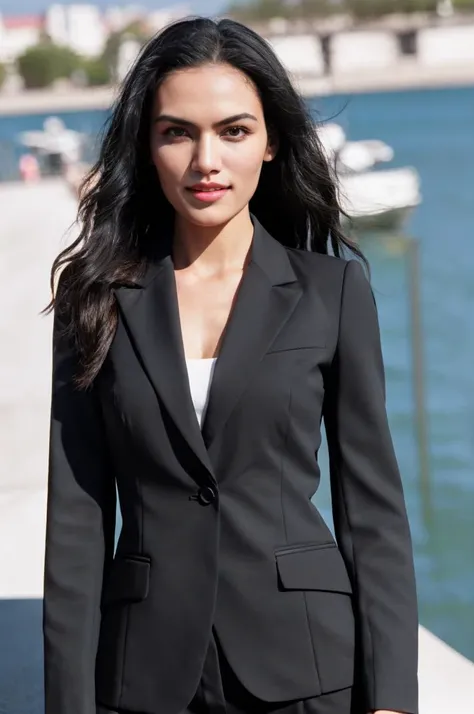 tv_Sinead_Harnett_A, model pose, laughing expression, ((wearing a business suit )),full body shot, High Noon, by the riverside, (((relaxed))), "epic-Ultra-HD-details", "epic-Ultra-HD-highlights", PA7_Human-Likeness