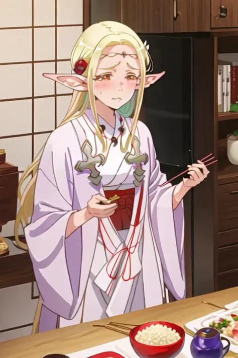 best quality, masterpiece, highres, solo, {eruda_edomaeelf:1.15}, blonde_hair, pointy_ears, long_hair, elf, blush, circlet, hair_ornament, flower, hair_flower, red_eyes, 1girl, chopsticks, closed_eyes, crying, eating, holding, tears, food, japanese_clothes, bowl, rice