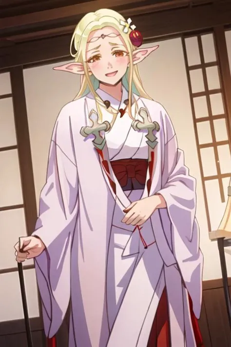 best quality, masterpiece, highres, solo, {eruda_edomaeelf:1.15}, blonde_hair, pointy_ears, long_hair, elf, blush, circlet, hair_ornament, flower, hair_flower, red_eyes, 1girl, holding, japanese_clothes, looking_at_viewer, open_mouth, smile, kimono