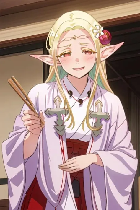 best quality, masterpiece, highres, solo, {eruda_edomaeelf:1.15}, blonde_hair, pointy_ears, long_hair, elf, blush, circlet, hair_ornament, flower, hair_flower, red_eyes, 1girl, closed_eyes, >_<, braid, smile, japanese_clothes, open_mouth