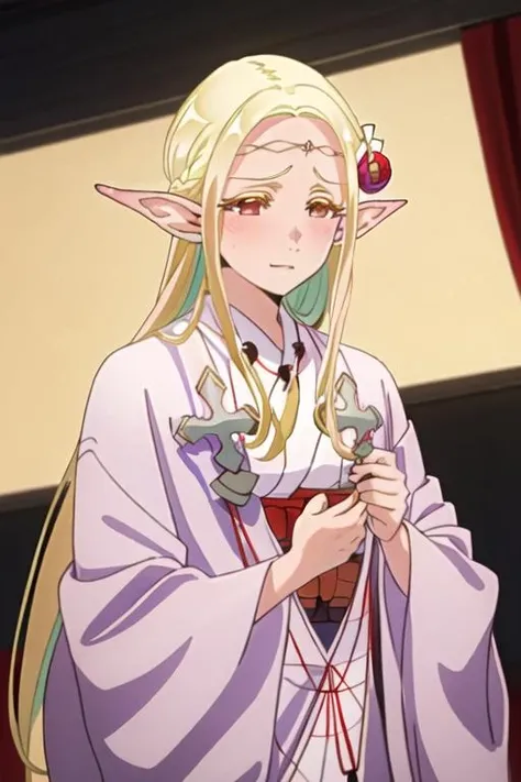 best quality, masterpiece, highres, solo, {eruda_edomaeelf:1.15}, blonde_hair, pointy_ears, long_hair, elf, blush, circlet, hair_ornament, flower, hair_flower, red_eyes, 1girl, jewelry, necklace, portrait, magatama, closed_mouth