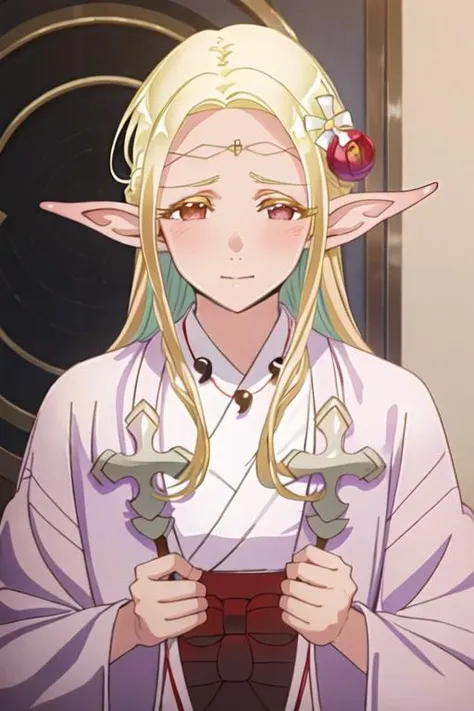 best quality, masterpiece, highres, solo, {eruda_edomaeelf:1.15}, blonde_hair, pointy_ears, long_hair, elf, blush, circlet, hair_ornament, flower, hair_flower, red_eyes, 1girl, closed_mouth, portrait, braid, looking_at_viewer
