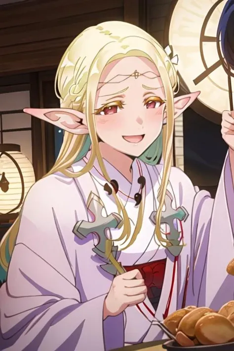 best quality, masterpiece, highres, solo, {eruda_edomaeelf:1.15}, blonde_hair, pointy_ears, long_hair, elf, blush, circlet, hair_ornament, flower, hair_flower, red_eyes, 1girl, looking_at_viewer, open_mouth, smile