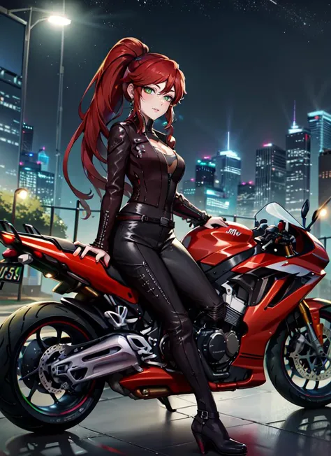 ((best quality)), ((highly detailed)), absurdres, extremely detailed face, beautiful face, (detailed eyes, deep eyes), <lora:more_details:.2>, (1girl), full body, ((very wide shot)), <lora:pyrrha-nvwls-v1:.9>, pyrrha nikos, rwby, red hair, ponytail, green eyes, medium breasts, smiling, <lora:ChangeACharacter Badass Biker:.7>, BikerC, motorcycle, neon lights, night, starry sky, riding, sitting, on motorcycle, leaning, motorcycle helmet, holding helmet, helmet removed, (outdoors, at a garden, evening, night sky, stars, full moon)