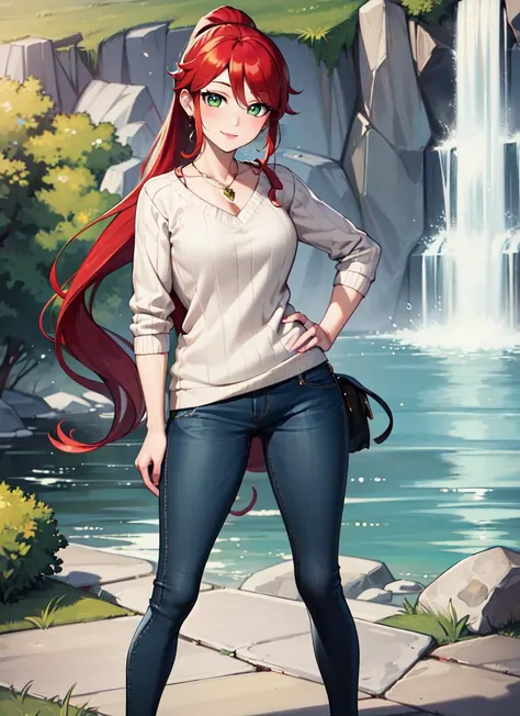 ((best quality)), ((highly detailed)), masterpiece, absurdres, detailed face, beautiful face, (detailed eyes, deep eyes), (1girl), full body, wide shot, <lora:pyrrha-nvwls-v1:.9>, pyrrha nikos, red hair, ponytail, green eyes, medium breasts, smiling, sweater, necklace, jeans, (outdoors, at a waterfall, noon, blizzard)