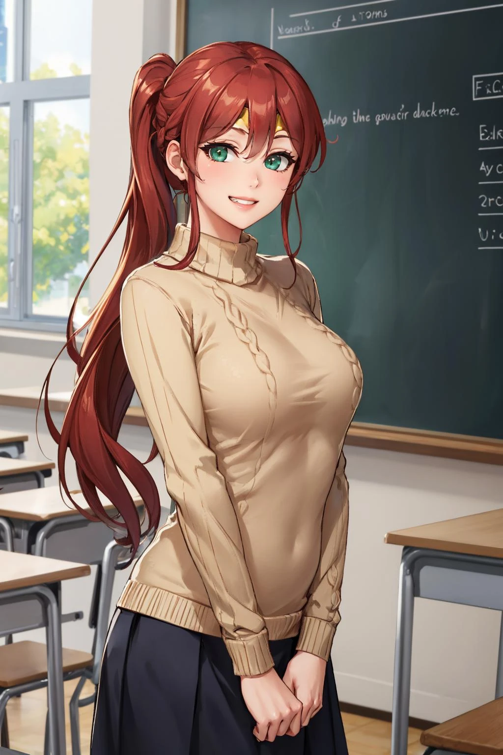 masterpiece, best quality, <lora:pyrrha-nvwls-v1-000008:0.9> pyrrha nikos, ponytail, circlet, cable-knit sweater, large breasts, khakis, arms at sides, grin, looking at viewer, school, classroom, chalkboard