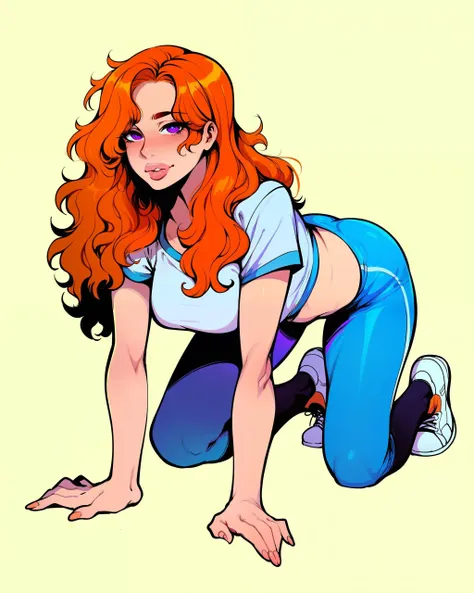 score_9, score_8_up, score_7_up, score_6_up, score_5_up, score_4_up, 1girl, lineart, mature, medium breasts, curvy, long hair, orange hair, wavy hair, fair skin, lips, purple eyes, f3nn3r, simple background <lora:f3nn3rXLP:.7> , <lora:Ratatatat74_Style_v2:.4>, zPDXL, white crop top, blue leggings, white sneakers, <lora:crawling_pony:.7> all fours, looking at viewer