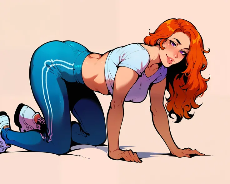 red haired latina in blue shirt and pink cotton panties, shot from the side, anime art style