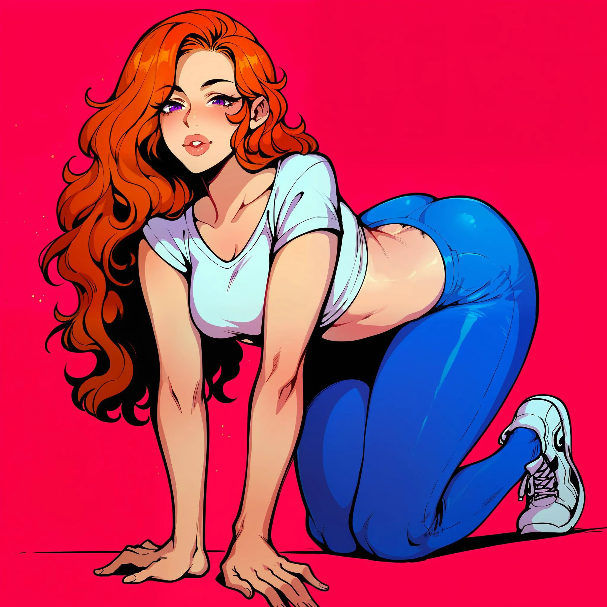 score_9, score_8_up, score_7_up, score_6_up, score_5_up, score_4_up, 1girl, lineart, mature, , curvy, long hair, orange hair, wavy hair, fair skin, lips, purple eyes, f3nn3r, <lora:f3nn3rXLP:.7> , <lora:Ratatatat74_Style_v2:.4>, zPDXL, white crop top, blue leggings, white sneakers, <lora:crawling_pony:.6> , looking at viewer