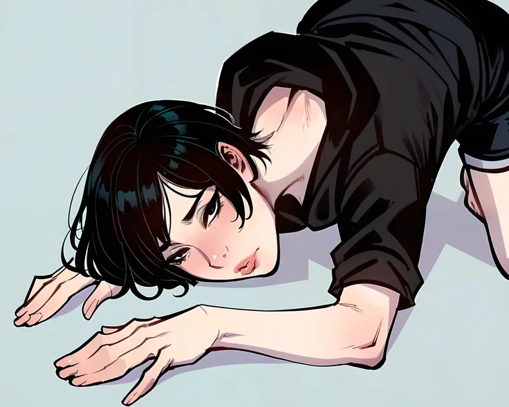 score_9, score_8_up, score_7_up, score_6_up, score_5_up, score_4_up, 1girl, lineart, asian, small breasts, short hair, black hair, straight hair, fair skin, lips, black eyes, f3nn3r, simple background <lora:f3nn3rXLP:.4> , <lora:Ratatatat74_Style_v2:.7>, zPDXL, blank black hoodie, blank black shorts, barefoot, <lora:bowing_down_pony:.6>, bowing down on the floor, from above,