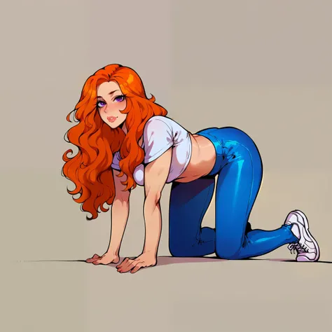 score_9, score_8_up, score_7_up, score_6_up, score_5_up, score_4_up, 1girl, lineart, mature, medium breasts, curvy, long hair, orange hair, wavy hair, fair skin, lips, purple eyes, f3nn3r, simple background <lora:f3nn3rXLP:.7> , <lora:Ratatatat74_Style_v2:.4>, zPDXL, white crop top, blue leggings, white sneakers, <lora:crawling_pony-000005:.7> all fours, looking at viewer