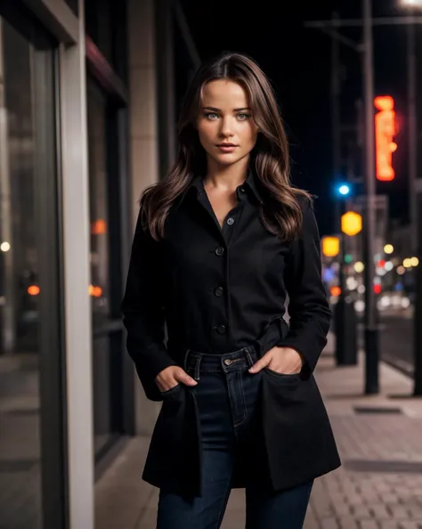 photo of Kyl4C0l3_HM-137, a woman, perfect hair, (modern photo), wearing black jeans, black button-up shirt, wool coat, 150mm medium telephoto (analog, cinematic, film grain:1.3), AR City, Augmented reality city with interactive holograms, virtual storefronts, and immersive digital ads., detailed eyes, professional pose, (epiCPhoto), (looking at viewer:1.1), (cinematic shot:1.3), (loop style lighting), <lora:add_detail:0.5>
