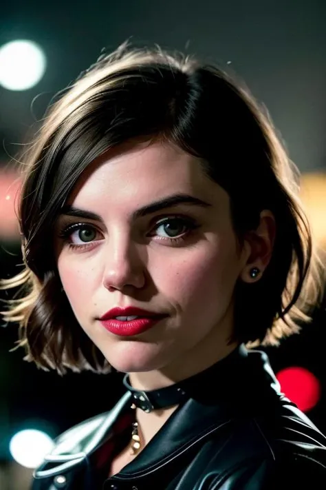 photo of franreale:0.99, standing, cowboy shot, short hair, straight hair, lipstick, facing camera, collared shirt,choker, dark moody ambience, petite, (masterpiece:1.2) (photorealistic:1.2) (bokeh) (best quality) (detailed skin:1.2) (intricate details) (nighttime) (8k) (HDR) (cinematic lighting) (sharp focus), (closeup portrait:1.1)