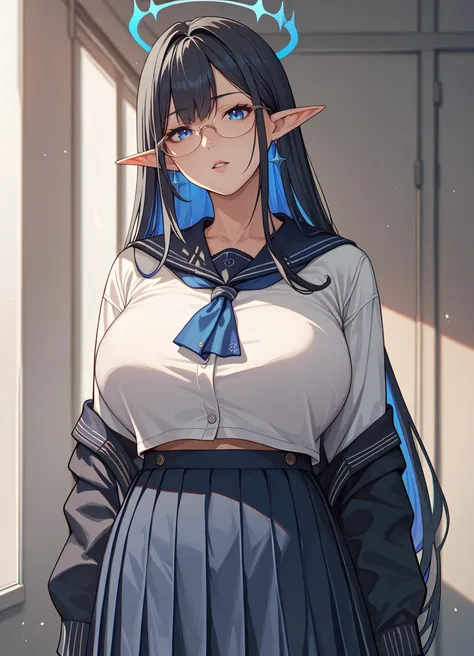 score_9,score_8_up,score_7_up,score_6_up <lora:rin_blue_archive_xl:0.8> rin ba,blue  eyes,elf,pointy ears,long hair, black hair,colored inner hair, glasses, halo ,looking at viewer, parted lips, school uniform, skirt, shirt, serafuku, mature female, large breasts