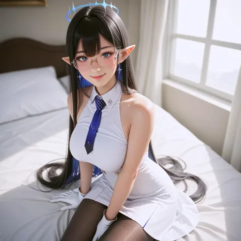 there is a woman in a white dress and blue tie sitting on a bed