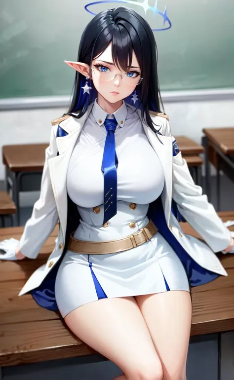 masterpiece,high qulity,(mature,milf:1.6),rin\(blue archive\), multicolored hair, jewelry, blue necktie, earrings, white coat, bangs, gloves, large breasts, blue eyes, arms down, long sleeves, shirt, solo, white background, breasts, colored inner hair, closed mouth, pointy ears, collared dress, glasses, belt, blue hair, very long hair, looking at viewer, coat, white belt, white gloves, black hair, 1girl, halo,high quality, highres, absurdres, hd,cg,8k, classroom, sitting on table,<lora:rinBlueArchive_v10:0.8>,