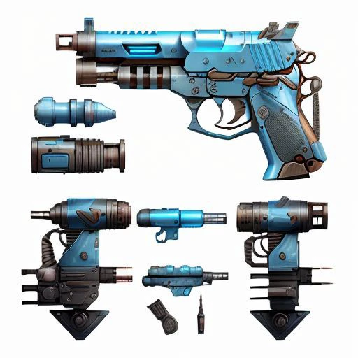 futuristic, futuristic blue pistol, simple background, model sheet, dieselpunkai