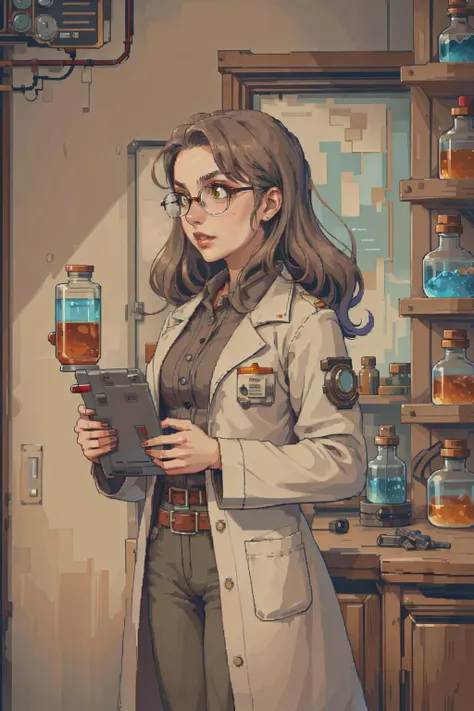 (inked original-art:1.2), (lineart:1.31), (fine-details:1.3), limited-palette, <lora:pixel_f2:0.4>, pixel,
1 girl, adult russian woman, freckles, amber eyes, gray beach waves hair, ombre,
<lora:GoodHands-beta2:0.8>,
looking away, solo, half shot, detailed background, detailed face, (<lora:PunkBundleAI:0.4>, dieselpunkai, 1940s dieselpunk theme:1.1), scientist, glasses, lab coat, prototype, , analysis, organized fantastical science lab in background, chemistry, atomic structures, , beakers,