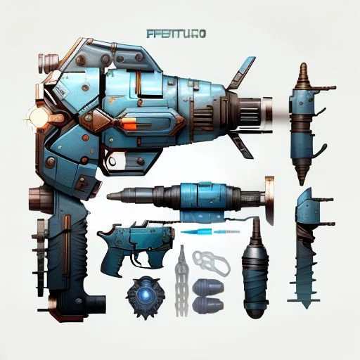 futuristic, futuristic blue pistol, simple background, model sheet, dieselpunkai, mega man style