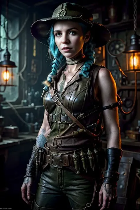 <lora:JinxLol:1> (jinxlol), petite, realistic face, HQ photo, RAW, portrait, solo, (full body:0.6), detailed background, detailed face, (<lora:PunkBundleAI:0.4>, dieselpunkai, 1940s dieselpunk theme:1.1), adventurer, exploring, rugged tattered frayed leather clothes, vest, indiana jones hat, rope, straps, (leather pouches:0.4), lantern, dark dungeon background, vines, moss, mold, dark cinematic atmosphere, occult, dim light,