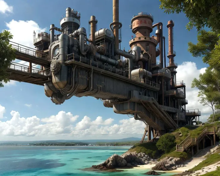 <lyco:PunkBundleAI:0.75>, dieselpunkai, a perfect photo, sandy beach, industrial, (lighthouse:0.5), oil rig tower, metal catwalk, metal piping, smoke, factory, single tiny island, surrounded by water, from below, low angle shot, fantasy theme, rocks, trees, lush grass, plants, calm water, ocean, blue water, cloud sky, sunlight, photorealistic, masterpiece, best quality,