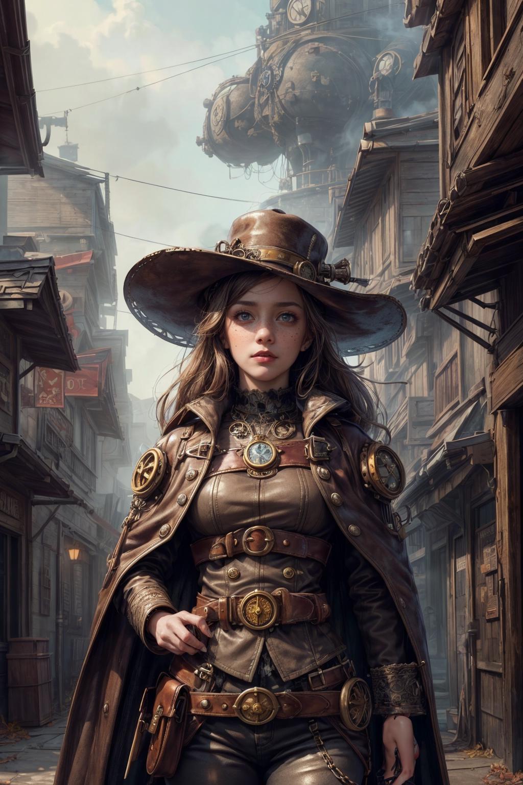 A woman in a hat and leather outfit standing in a street - SeaArt AI