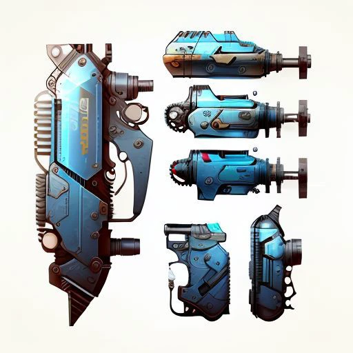 futuristic, futuristic blue pistol, simple background, model sheet, dieselpunkai