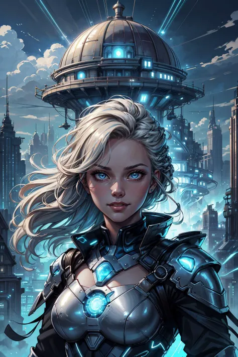 (inked original-art:1.2), (lineart:1.31), (fine-details:1.3), limited-palette, (depth),  <lora:add_detail:0.5>
1 girl, adult  woman,  light blue eyes, light blonde waterfall braid,
(character focus:1.1), portrait, solo, half shot, detailed background, detailed face, (<lora:PunkBundleAI:0.4>, teslapunkai, retro-futuristic theme:1.1), aristocratic pose, smiling, ruling class, elegant clothing,  looking over floating (cloud city:1.1), utopian cloudtop sky-city, floating platforms, floating buildings, dome,   bridges,  clouds in background, sky waterfall in background, wind blowing, cinematic atmosphere, glowing gray lights, dark  night,