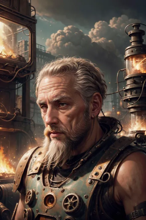 (masterpiece), (best quality:1.4), absurdres, [:intricate details:0.2], hyperrealistic, vintage photo, kkw-ph1,
(1man, wrinkled face, old ancient greek male:1.2), frail,  coral eyes, graying hair, fade with beard,
(style-rustmagic:1.0) portrait, solo, upper body, looking down, detailed background, detailed face, (<lora:PunkBundleAI:0.4>, cogpunkai, cogpunk theme:1.1), rust-warrior, rusty armor,   (rusty:1.05), red rust,  corroded,    soot, made of rust, fully rusted, machinery, left to rust,   abandoned factory in background, dark lighting,  dark clouds, cinematic atmosphere,
<lora:add_detail:1>
