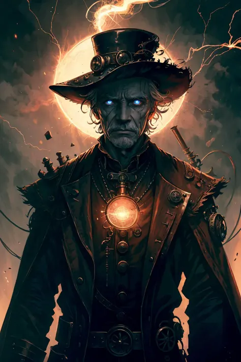(masterpiece, best quality), aesthetic illustration, stylized digital art,
(1man, wrinkled face, old male:1.2), wise, dark brown eyes, graying hair, buzz cut,
portrait, looking down, solo, (full body:0.6), detailed background, detailed face, (<lora:PunkBundleAI:0.4>, steampunkai, steampunk theme:1.1) evil mage, tattered blue magical robes, determined expression, crimson color scheme, dark scarlet light, library, glowing magical runes, dark atmosphere, shadows, realistic lighting, floating particles, sparks, surrounded by red lightning <lora:LightningvfxCreateMore_v1:0.1>, casting spell, purple arcane symbols, power-hungry eyes,
<lora:graphicNovelStyle_v10:0.2>,