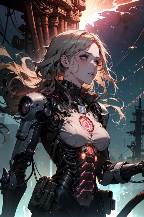 (masterpiece), (best quality), (official art, extremely detailed CG unity 8k wallpaper), (highly detailed), ((absurdres)),
1 girl, adult polish woman, freckles, ruby eyes, dark blonde quiff hair,
solo, upper body, looking up, detailed background, detailed face, (<lora:PunkBundleAI:0.4>, dieselpunkai, 1940s dieselpunk theme:1.1), android, cyborg, biomechanical limbs, mechanical eyes, wires, cables, advanced technology, running, emotionless, sleek design, artificial intellgience, nanotechnology, gadgets, powered by nuclear fission, particle effects, bioluminescent parts, reflections, neon colors, explosions in background, epic atmosphere,