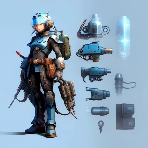 futuristic, futuristic blue pistol, simple background, model sheet, dieselpunkai, mega man style