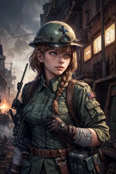 (best quality, masterpiece:1.2), 8k detailed cgi render, thick outlines, strong shadows, <lora:add_detail:0.75>,
1 girl, adult (elven:0.7) woman, freckles, pink eyes, ginger fishtail braid,
solo, upper body, looking down, detailed background, detailed face, (<lora:PunkBundleAI:0.4>, dieselpunkai, 1940s dieselpunk theme:1.1), battlefield-medic, field-surgeon, focused, light blue tattered military medic uniform, army helmet, gloves, straps, green cross, military insignia, medical bag, bandages, dirt , dynamic movement, fortified battlefield trench in background, dusk, heroism, epic atmosphere,