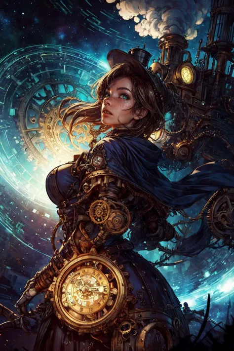 (best quality, masterpiece:1.2), photorealistic, thick outlines, strong shadows, <lora:add_detail:0.75>,
1 girl, adult (elven:0.7) woman, freckles, green eyes, brown shaggy hair,
solo, half shot, looking up, detailed background, detailed face, (<lora:PunkBundleAI:0.4>, steampunkai, steampunk theme:1.1) (time wizard:1.1), eternity, swirling patterns, (style-swirlmagic:0.8), clock, clockwork, clock gears, dynamic pose, bloom light aura, cosmic space in background, epic atmosphere,
<lora:graphicNovelStyle_v10:0.2>,