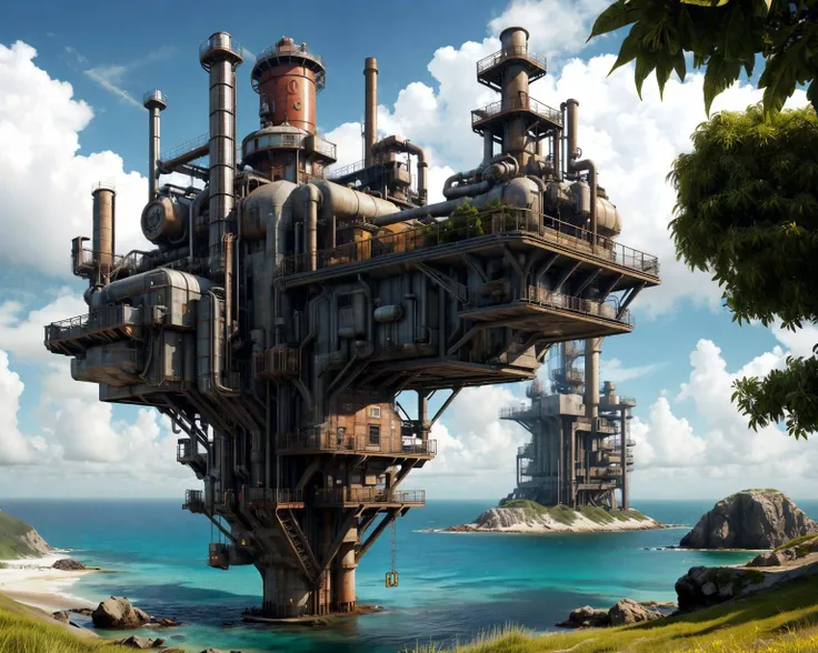 <lyco:PunkBundleAI:0.75>, dieselpunkai, a perfect photo, sandy beach, industrial, (lighthouse:0.5), oil rig tower, metal catwalk, metal piping, smoke, factory, single tiny island, surrounded by water, from below, low angle shot, fantasy theme, rocks, trees, lush grass, plants, calm water, ocean, blue water, cloud sky, sunlight, photorealistic, masterpiece, best quality,