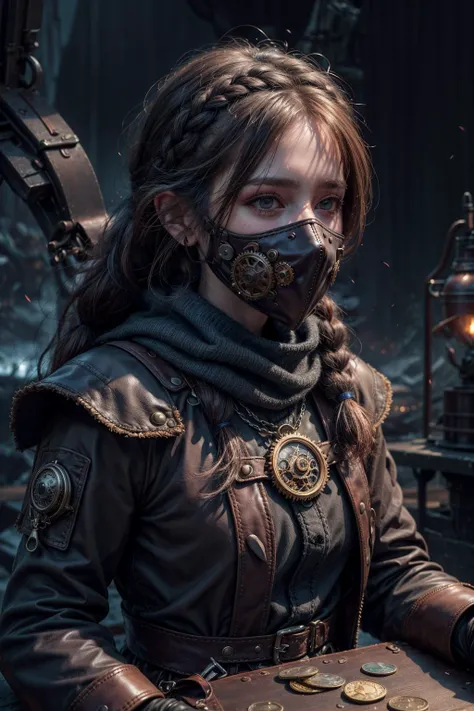 best quality, masterpiece, ultra high res, (photorealistic:1.4), raw photo, <lora:add_detail:1>
1 girl, adult (elven:0.7) woman, grey eyes, dark brown braided hairstyle,
portrait, looking down, solo, upper body, detailed background, detailed face, (<lora:PunkBundleAI:0.4>, cogpunkai, cogpunk industrial, theme:1.1), face covered by scarf, thug, thieves guild, (crouched position:0.75), elaborate dark leather (armor:0.7), belts, small leather pouch, high fantasy medieval setting, dark cave background, stealth, undercover, illegal, secret, shady dealings, stolen goods, coins, low light, shadows, dark atmosphere,
<lora:fantasy00d:0.3>,