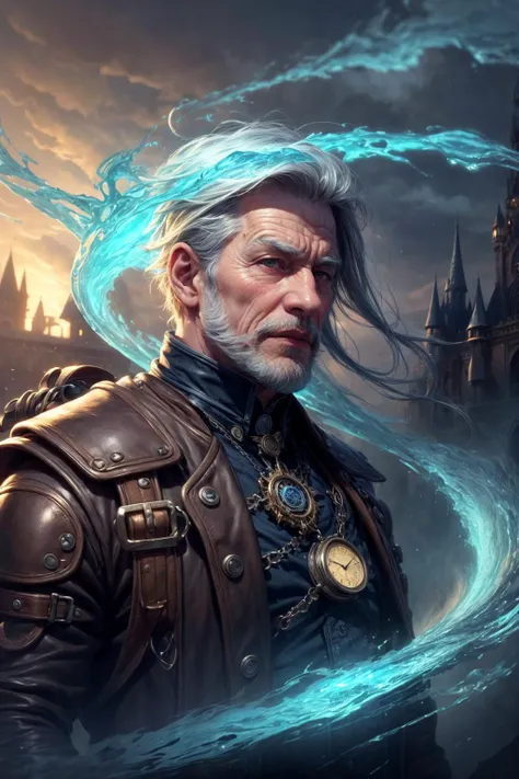 <lora:add_detail:1>
(1man, wrinkled face, old czech male:1.2), black eyes, gray hair, fade with sideburns,
(style-swirlmagic:1.0), portrait, (bloody scars:0.7), looking up, solo, half shot, detailed background, (<lora:PunkBundleAI:0.4>, steampunkai, steampunk theme:1.1) sinster, focusing, pursed lips, wizard, casting spell, dark clouds, (dark brown waves), floating particles, dark blue clothes, hair flowing in the wind, magic living water <lora:waterVFX:0.1>, arcane spell, mana, grim dark realistic lighting, dark castle in background,