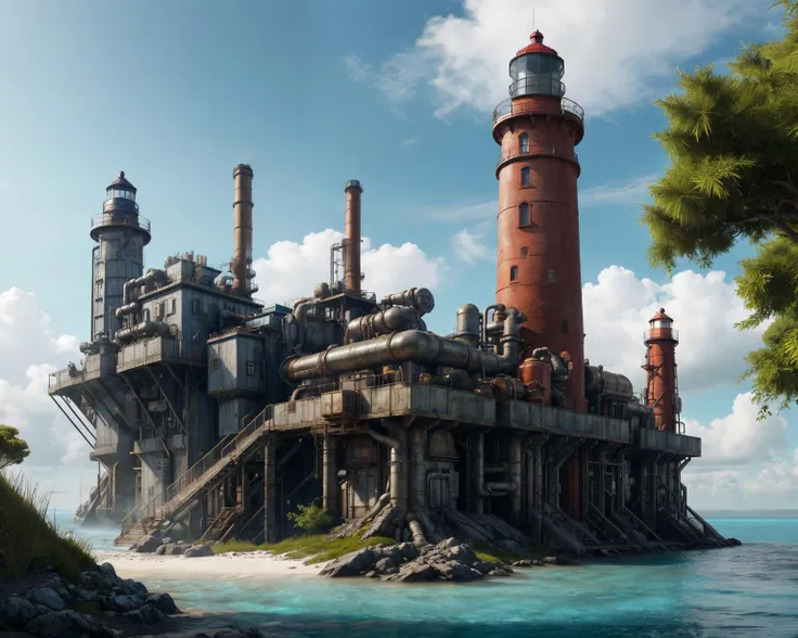 <lyco:PunkBundleAI:0.5>, dieselpunkai, a photo of a lighthouse, sandy beach, industrial, metal piping, smoke, factory, single tiny island, surrounded by water, from below, low angle shot, fantasy theme, rocks, trees, lush grass, plants, calm water, ocean, blue water, cloud sky, sunlight, photorealistic, masterpiece, best quality,