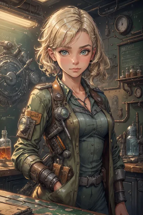 (Impressionism art, painterly, small brushstrokes, visible brushstrokes, impressionistic style,:1.1), beautiful and detailed illustration, pop art, masterpiece, best quality, ultra-detailed, soft lighting, cinematic shot, vibrant colors, gorgeous colors, <lora:add_detail:0.3>, <lora:stylesqueeze_v2:0.5>,
1 girl, adult (elven:0.7) woman, jade eyes, light blonde medium hair,
portrait, looking at viewer, solo, upper body, detailed background, detailed face, (<lora:PunkBundleAI:0.4>, dieselpunkai, 1940s dieselpunk theme:1.1), researcher, lab coat, advanced technology, fantasy science lab in background, biology, petri dish, blackboard, bright lighting, flashing lights,