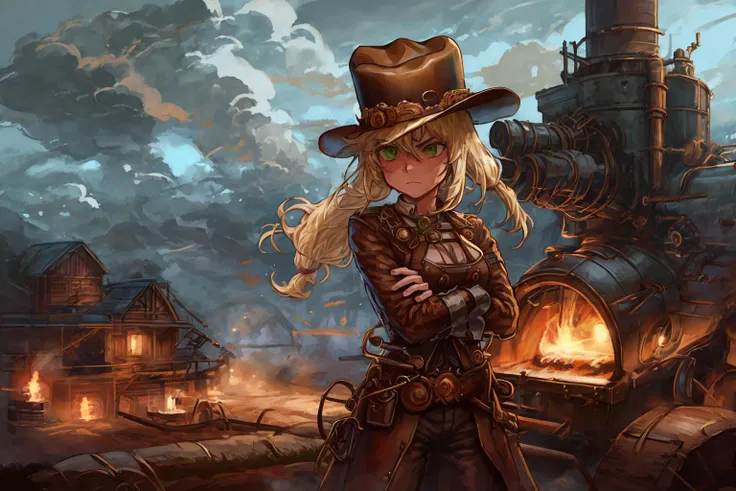 best quality, <lora:add_detail:0.3>, (1girl, solo, adult female), <lora:concept_goodHands:1>,
<lora:character_applejack_human_(mlpapplejack):0.85>, mlpapplejack, low-tied long hair, green eyes, blond hair, cowboy hat,
<lora:style_techPunkBundleAI:1>, SteampunkAI, leather clothes, crossed arms, stern expression, SteampunkAI farm, SteampunkAI farm equipment, character focus,