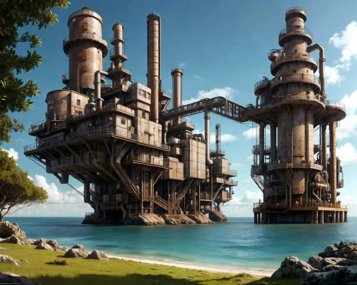 <lyco:PunkBundleAI:0.65>, dieselpunkai, a perfect photo, sandy beach, industrial, (lighthouse:0.5), oil rig tower, machinery, engines, metal catwalk, metal piping, smoke, factory, single tiny island, surrounded by water, from below, low angle shot, fantasy theme, rocks, trees, lush grass, plants, calm water, ocean, blue water, cloud sky, sunlight, photorealistic, masterpiece, best quality,