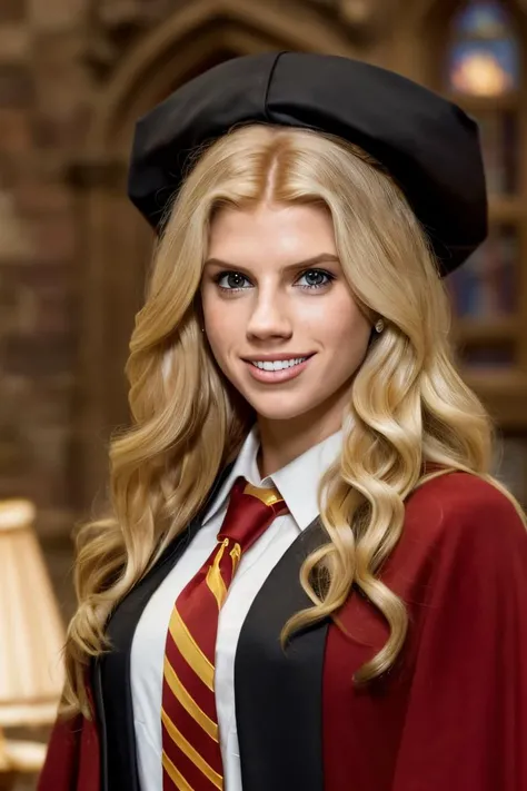 Professional photograph of a wizard woman, (up close portrait) she's 28 years old, she's <lora:charlottemckinney:1> charlottemckinney, she is wearing a black wizard's robe, hogwarts style. Shes' got blonde hair combed to the sides. She's nerdy. She's smiling at the viewer, standing in (Hogwarts) - beautiful common room, it's a large living room with wood furniture, a fireplace, paintings on the walls, and red velvet carpet on the ground. (She's wearing a dark robe with a white shirt) she's wearing a (striped red and gold tie). She's tall and pretty, freckled, and has a toothy smile. Looks like a nerd. 8k, masterpiece, highest quality, fantasy genre. (She's from Gryffindor.) harry potter genre. Bokeh, contrasting colours, warm lighting, British school scene, highest quality