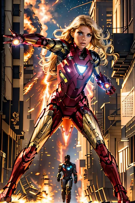 Professional photograph of epic action heroine, she's 27 year old blonde woman <lora:charlottemckinney:0.6> charlottemckinney she's wearing the Iron Man <lora:iron_man:0.5> power suit, power armor, intense focus expression on her face, she's ((flying through the streets of Washington DC)), it's night time, there's cyberpunk lighting, modern epic battle, armageddon, fire explosions, rave-lighting, she's flying and (blasting energy from her gauntlets). Full red and gold iron man power armor, 4k, 8k, masterpiece, Marvel Cinematic Universe, Zack Snyder, epic shot, award winning movie poster <lora:Cyberpunk_style:0.35>. She has the correct number of fingers on her mechanical gauntlets.